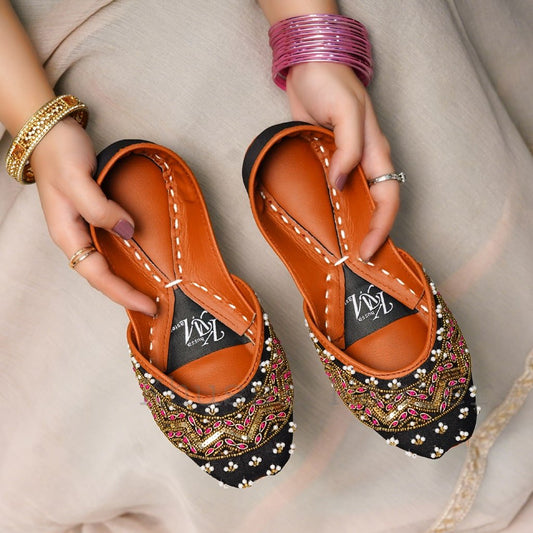 Women's Black Khussa with Gold Thread Work - Ethnic Handmade Shoes - Khussa Master
