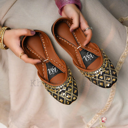 Alara Black Khussa with Gold Embroidery - Handmade Padded Leather Footwear - Khussa Master