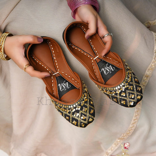 Alara Black Khussa with Gold Embroidery - Handmade Padded Leather Footwear - Khussa Master