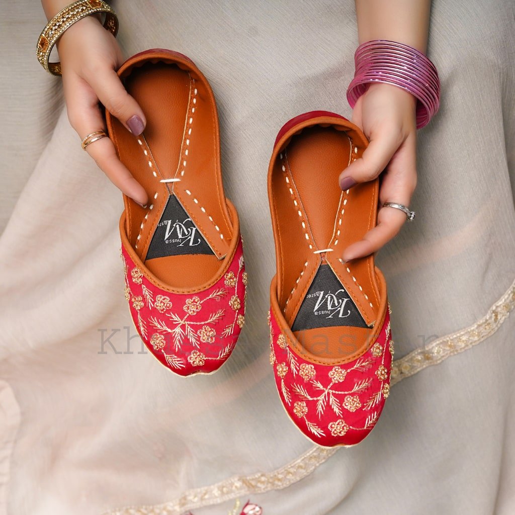 Handcrafted Red Khussa with Cut Dana Beading - Khussa Master