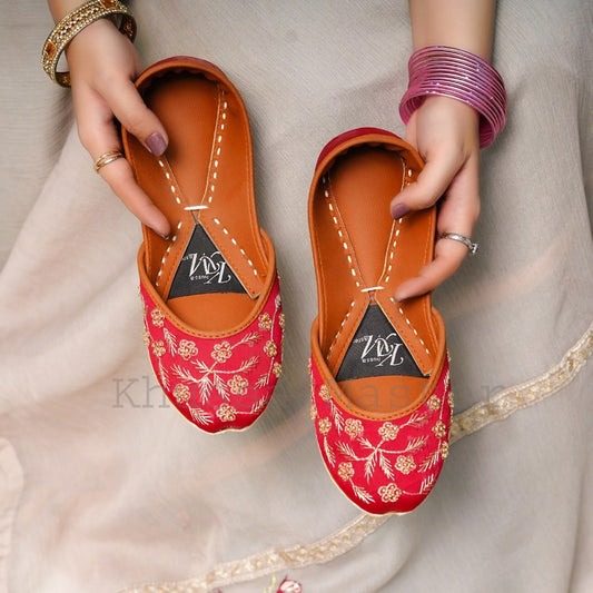 Handcrafted Red Khussa with Cut Dana Beading - Khussa Master