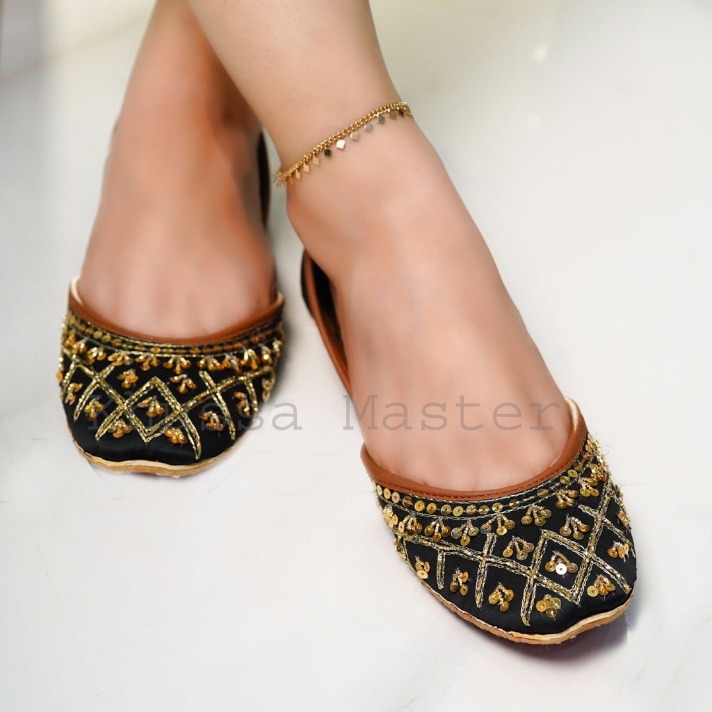 Handmade Black Leather Khussa with Golden Thread Work - Khussa Master